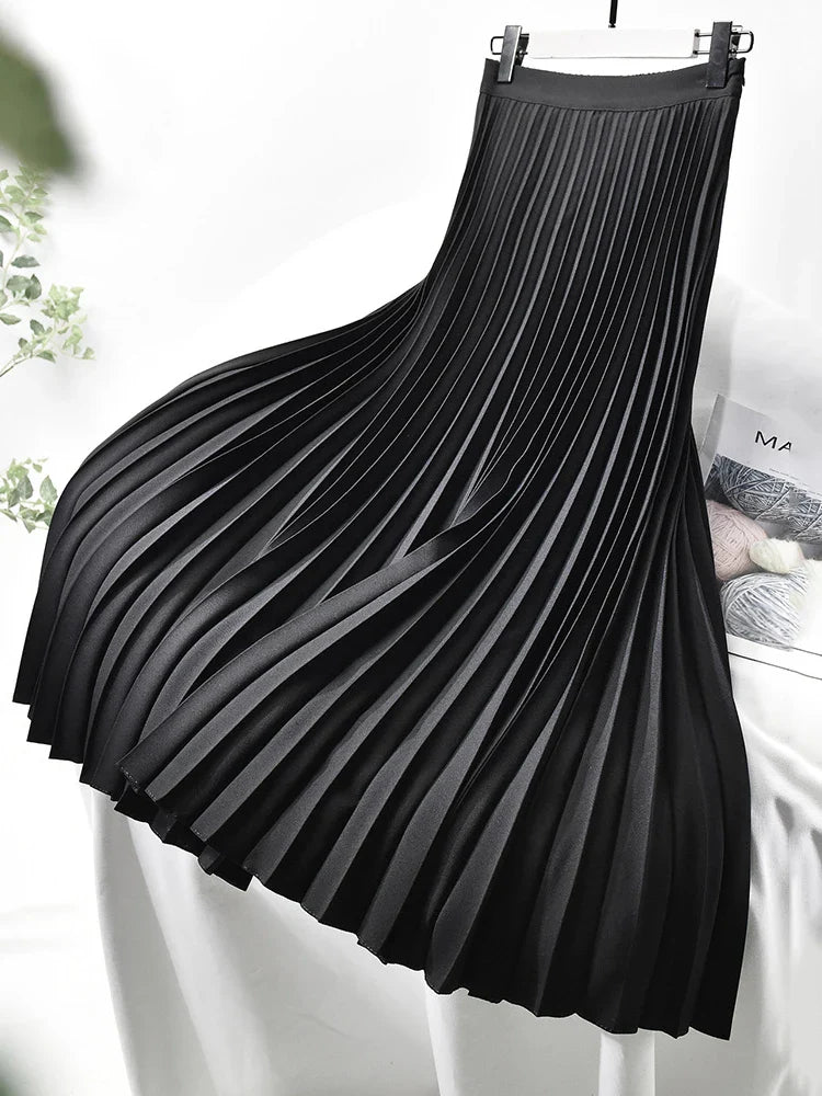 maoxiangshop Brand Designer Women Spring Autumn Elegant Chic Solid Pleated Skirt High Waist Luxury Fashion With Elastic Female