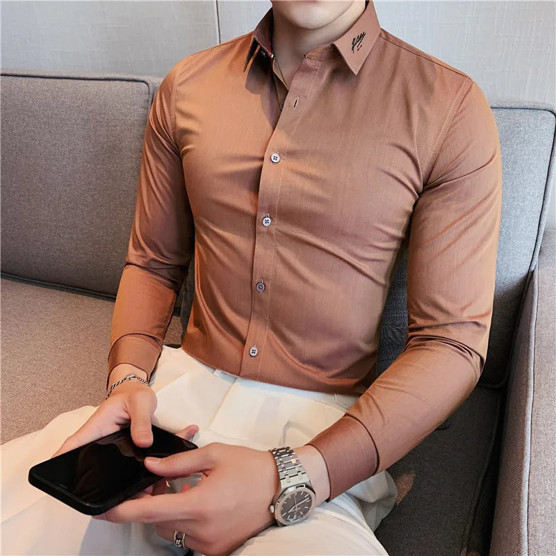 maoxiangshop British Style Men Long Sleeved Shirt Autumn Anti-wrinkle Soft Solid Casual Elastic Slim Fit Camisas Y Blusas Men Clothing