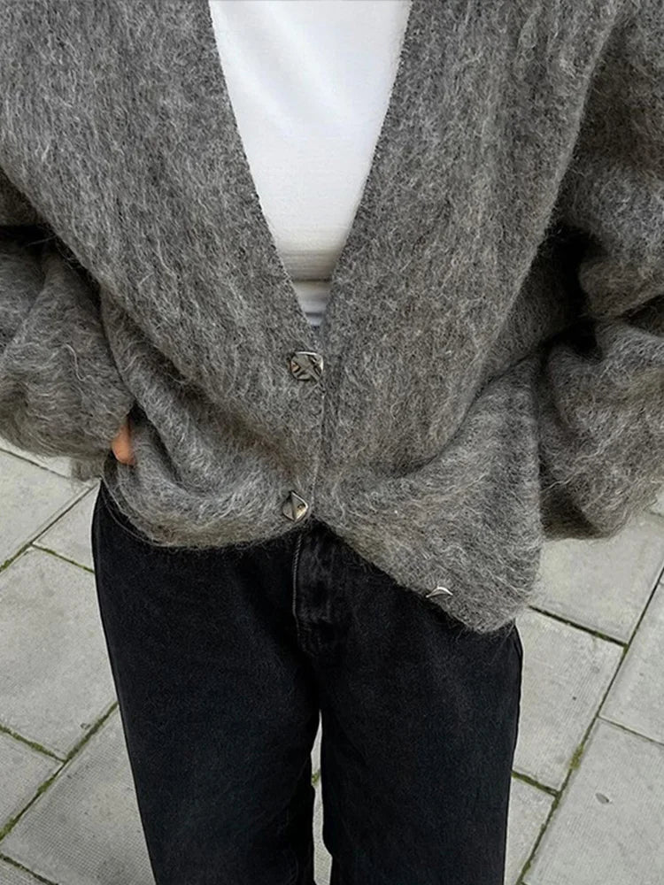 maoxiangshop - Casual Knitted Solid V-neck Cardigan Women Retro Loose Plush Single Breasted Sweaters Female Autumn Winter Elegant Knitwear
