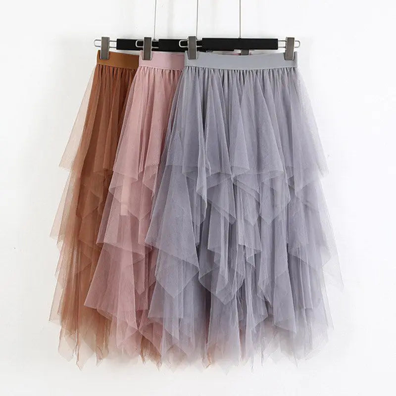 maoxiangshop Women High Waist Ruffles Mesh Long Tulle Skirt Irregular Hem Mesh Tutu Skirt Lady Elegant Solid Party Gown Skirt