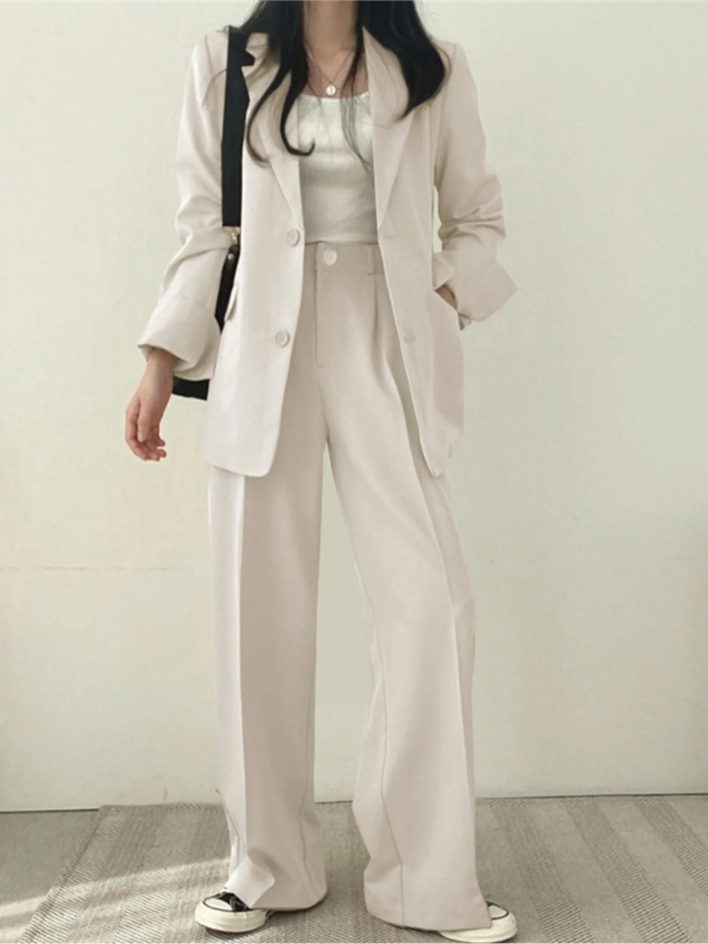 Korean Office Lady Fashion Blazer Suit Women's Two-Piece Set Casual Button Jacket Wide Leg Pants Outfits Work Clothes Autumn New