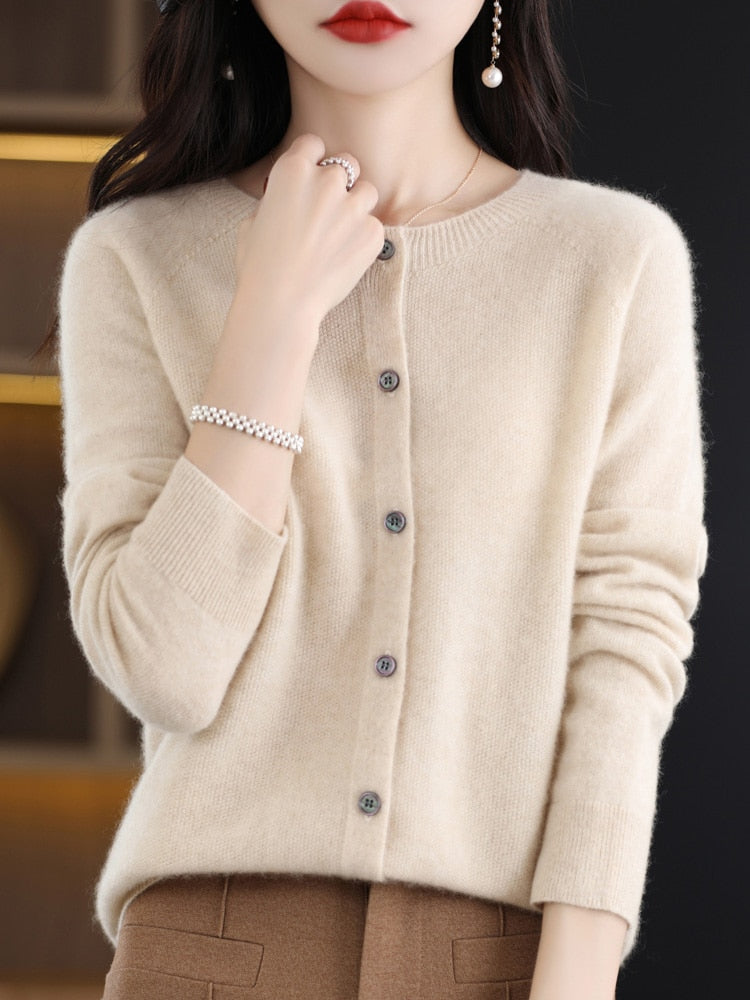 maoxiangshop Aliselect Long Sleeve Women Knitwear Cashmere Knit 100% Pure Merino Wool Spring Autume O-Neck Top Cardigan Sweater Clthing Coat