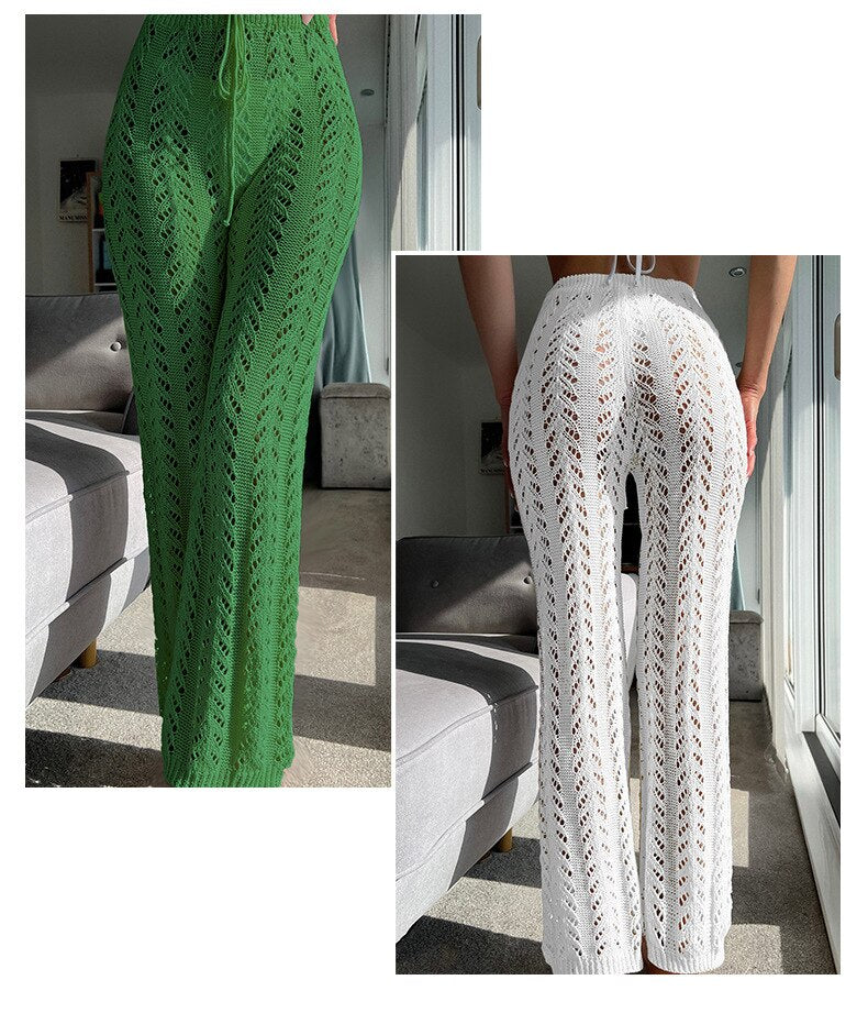 maoxiangshop Cover Up Swimwear Women Beach Fashion Swimsuit And Bikini Outputs Canister Knit Hollow Out Lace Trousers Leisure Solid