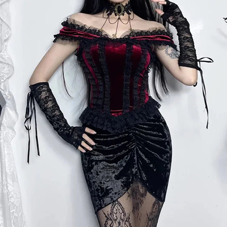 maoxiangshop Harajuku Velet Lace Trim Top Women Mall Goth Aesthetic Grunge T Shirt Corset Crop Tank Top E-girl Emo Streetwear