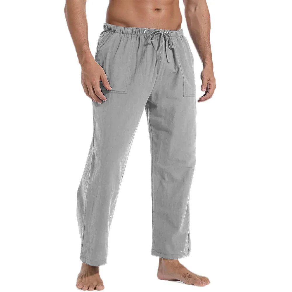 maoxiangshop New Men's Casual Linen Pants Solid Color Breathable Yoga Cotton Trousers Male Casual Elastic Waist Drawstring Fitness Pants