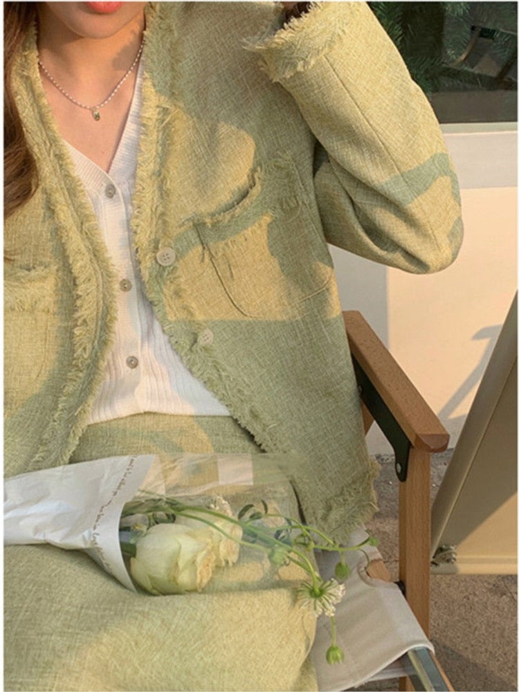 maoxiangshop Spring Green Tweed Two Piece Set Women Skirt Korean Fashion Long Sleeve Jacket + Midi Skirt Suits Vintage Femme 2 Pieces Outfits