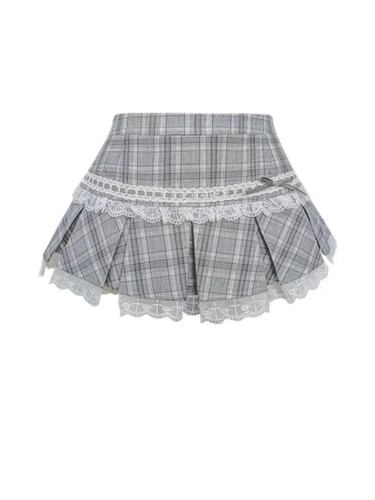 maoxiangshop - Autumn Winter Chic Solid 2-piece Set Women Korean Fashion Long Sleeve Slim Square Neck Tops + Elastic Waist Plaid Skirt Suit New