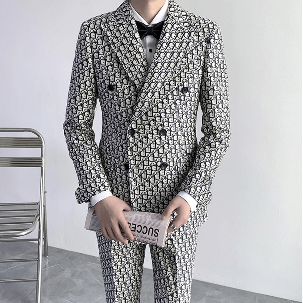 maoxiangshop Men's Suit 2 Piece Printed Jacket Pants Wedding Groom Tuxedo Formal Business Blazer Groomsmen Slim Fit Outfit