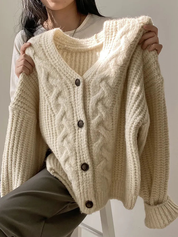 maoxiangshopKorean Thick Women Cardigan Knitted Sweater Autumn Winter chic Loose Long Sleeve Tops Simple Solid sweater jacket for Female