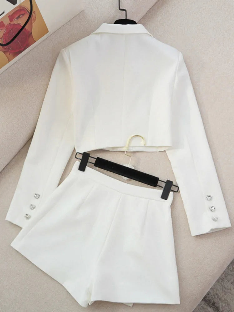 Autumn Small Fragrance Two Piece Set Women Crop Top Short Blazer Coat + High Waist Shorts Sets High Street 2 Piece Pant Suits