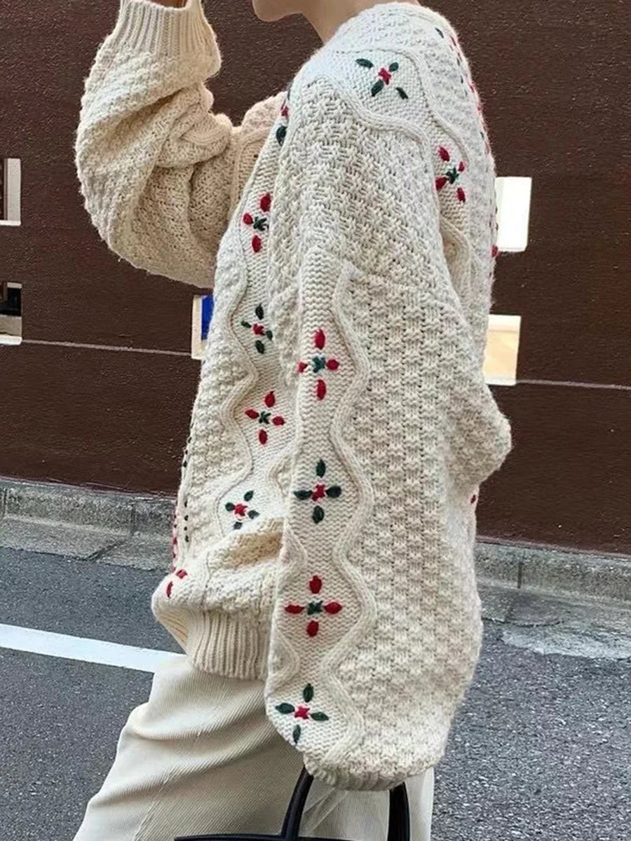 maoxiangshop - Korean Fashion Jacquard Sweater Women Round Neck Long Sleeve Knitted Pullover Autumn Winter Simple Casual Chic Jumper 2024 New