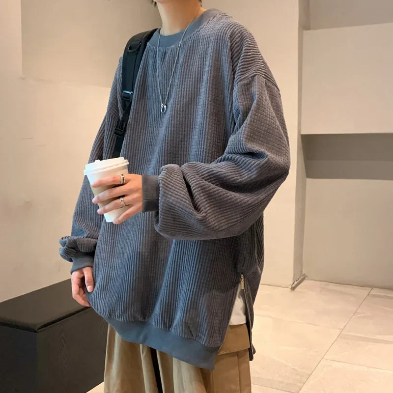 maoxiangshop Waffle Plaid Hoodies Side Zipper Sweatshirts Men Streetwear Solid Color Loose Casual Pullover Hoodies Men Autumn New