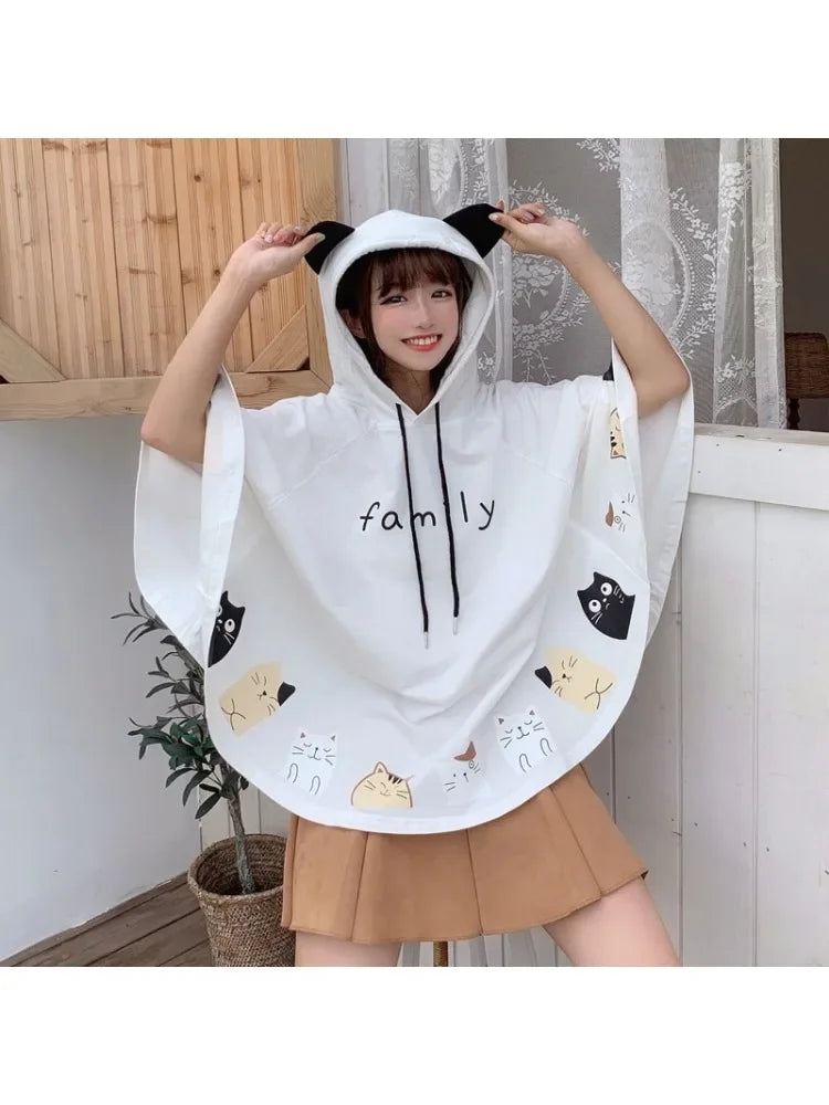 Women Cloak Outerwear Cartoon Cat Print With Ears On Hood Hoodies Coat Pullover Poncho Jacket Hooded