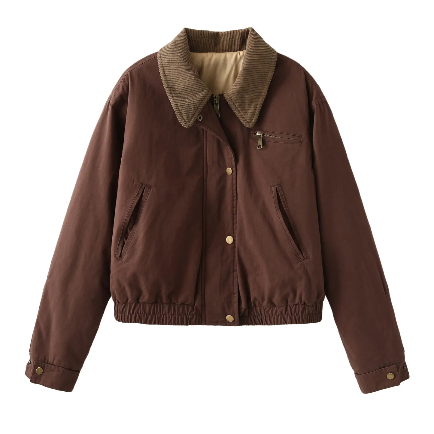 maoxiangshop - Autumn New Solid Zipper Jacket Women Chic Button Up Turndown Collar Cropped Jacket Streetwear Vintage Long Sleeve Outerwear 2024