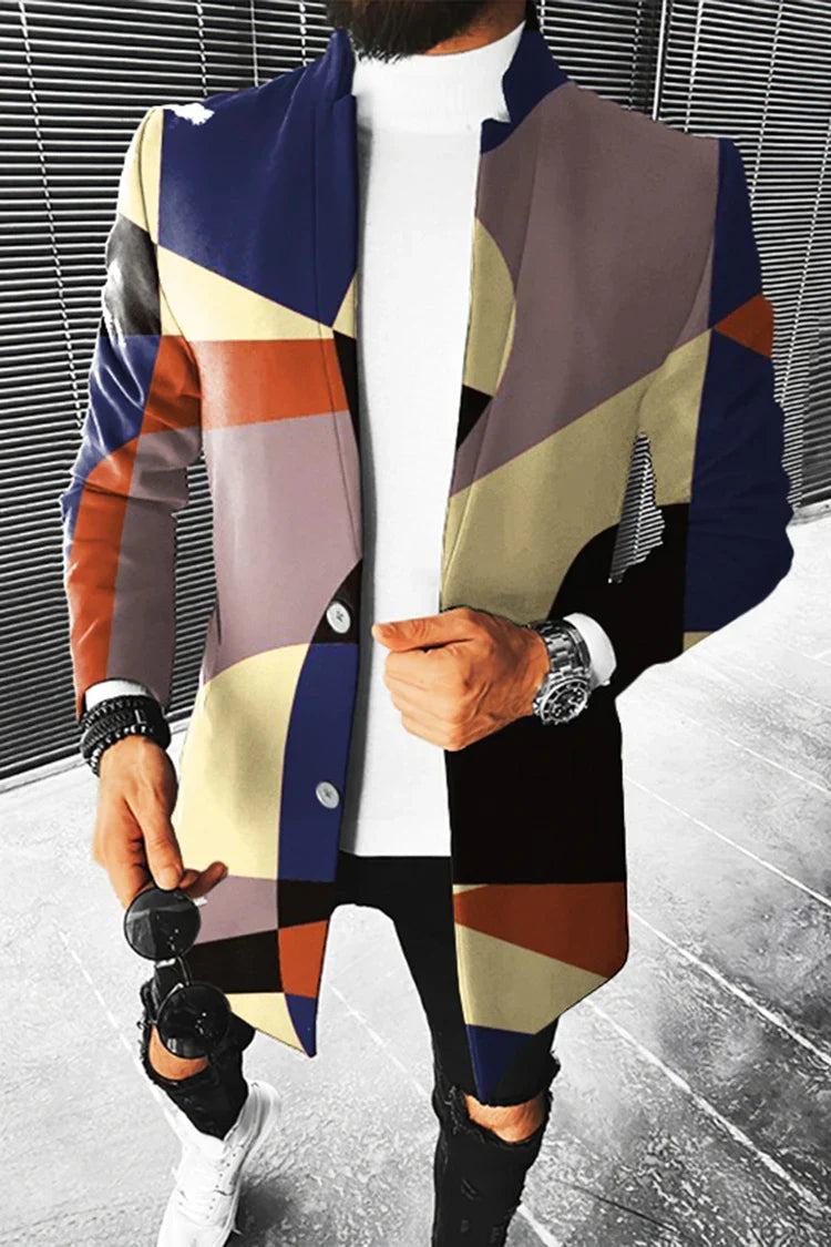 maoxiangshop Men's Fall Long Coat Floral Print Button Lapel Fashion Office Winter Jacket Casual Nylon Overcoat Oversized New Top Coat