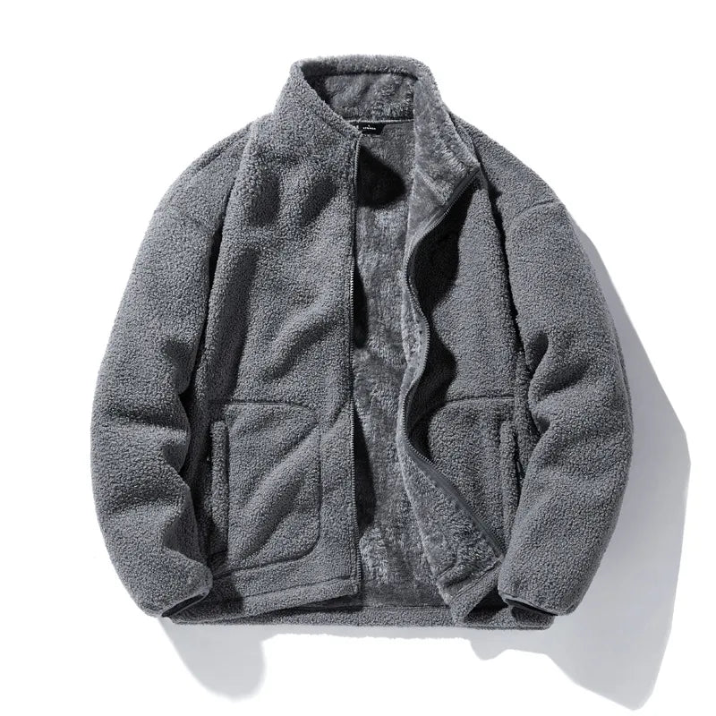 maoxiangshop Winter Fleece Jackets Men Solid Color Loose Casual Warm Coat Mens Stand Collar Outerwear Jacket Harajuku Streetwear Plus Size