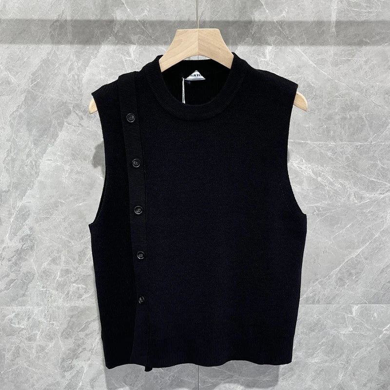 maoxiangshop Men's Luxury Knitted Pullover Sweater Vest Casual Streetwear Button Solid Color O Neck Sleeveless Loose Stylish Vintage Knitwear