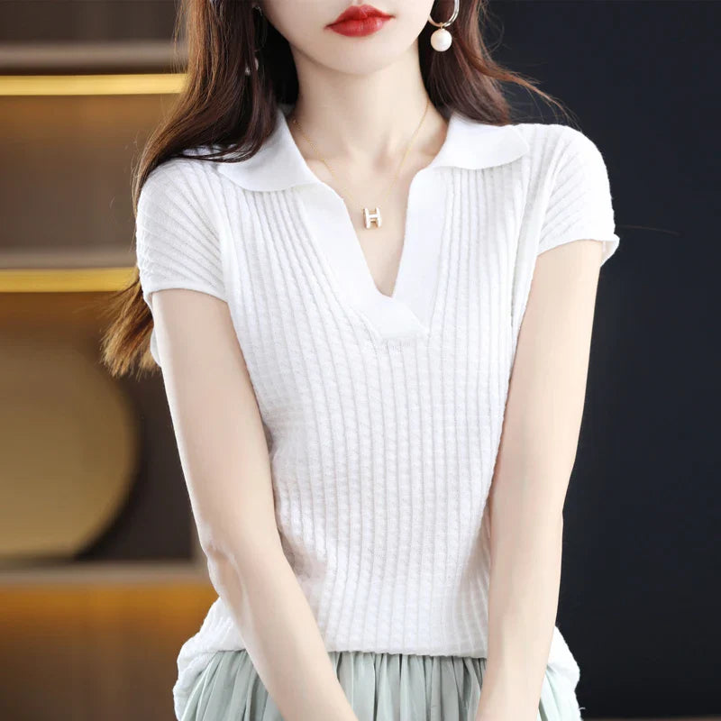 maoxiangshop Spring and Summer New Cashmere Sweater Polo collar Women's Short sleev Knitted Sweater Loose Thin Pullover Short-Sleeved