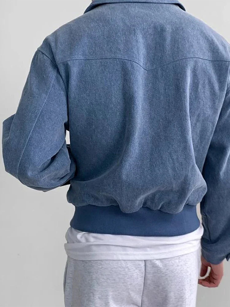 maoxiangshop Vintage Jacket Man Casual Loose Zipper Fashion Retro Short Coat Men Spring High Quality Solid Turndown Collar Street Outwears