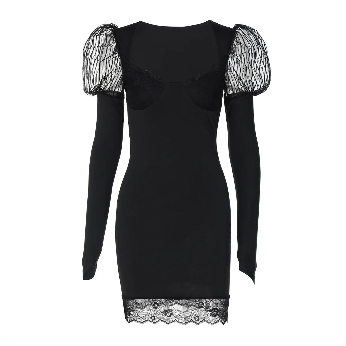 maoxiangshop - Lace Patchwork Elegant Mini Dress Women U-Neck Long Sleeved Slim Versatile Solid Short Dress Autumn/Winter Streetwear