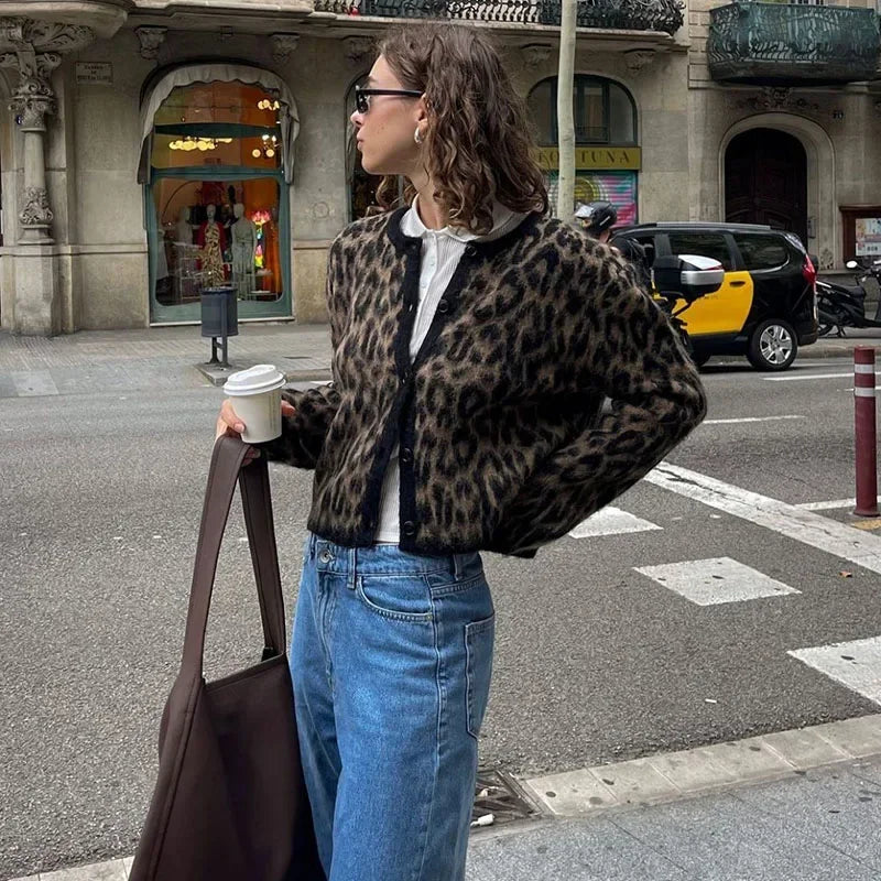maoxiangshop - Fashion Lepard Knitted Sweater Cardigan For Women Loose Casual Long Sleeve Retro Single Breatted Sweater Autumn Outwear