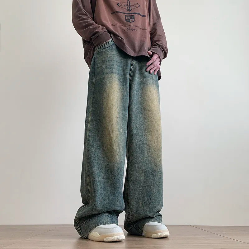 maoxiangshop Distressed Vintage Blue Jeans Pants Men Wide-leg Denim Trousers Male Oversize Streetwear Fashion Casual Baggy Straight Jeans
