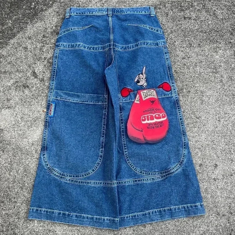 Jeans New Y2K Women Harajuku Retro Hip Hop Cartoon Embroidery Baggy Jeans Black Pants High Waisted Wide Trousers Streetwear