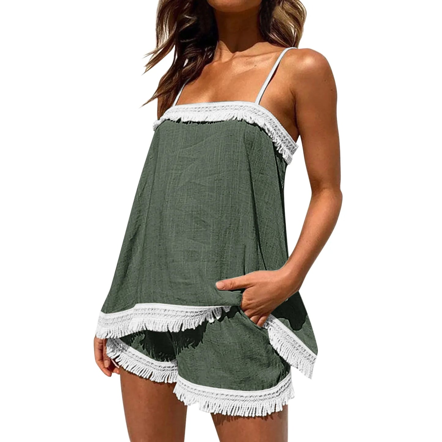 maoxiangshop Summer 2 Piece Set Outfits Women Sexy Solid Color Boho Sling Tassel Shorts Sets Ladies Halter Fringe Top Beach Outfits Femme