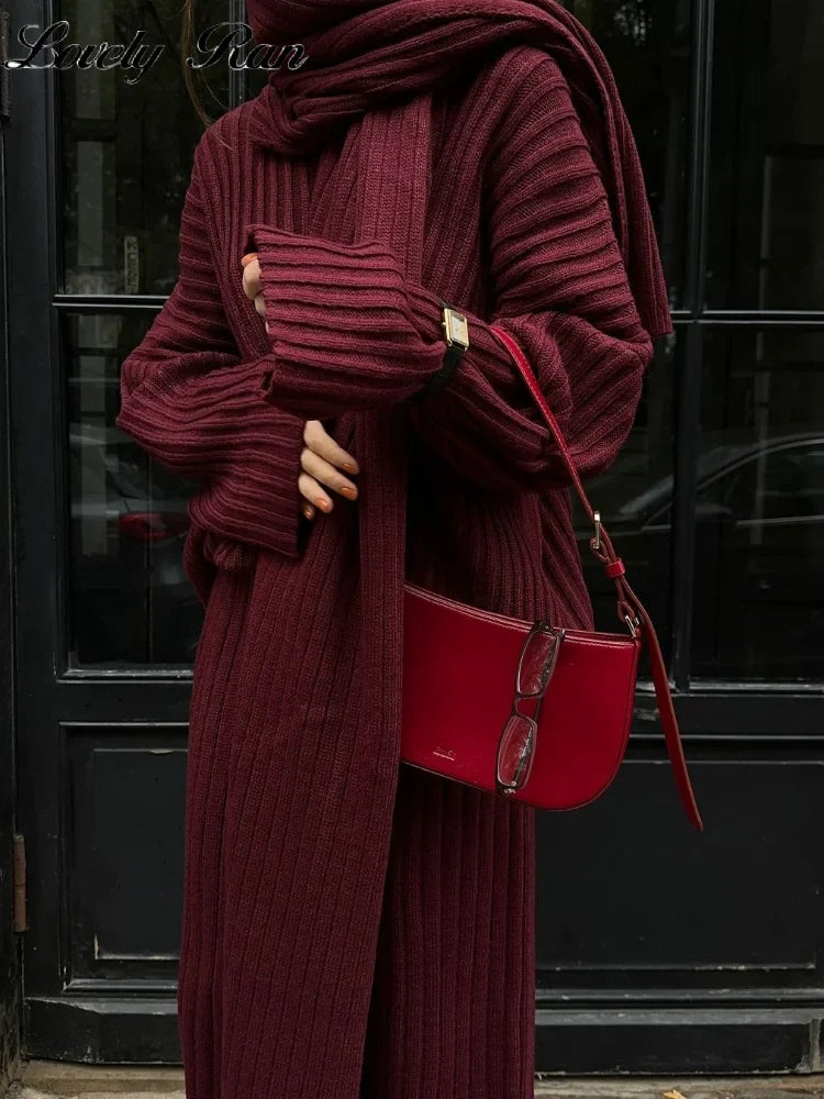 maoxiangshop - Knit Sweater Pants Set With Scarf Women Loose V-neck Long Sleeve Pullover Elastic Wide Leg Trouser Set 2024 Autumn Lady Outfits