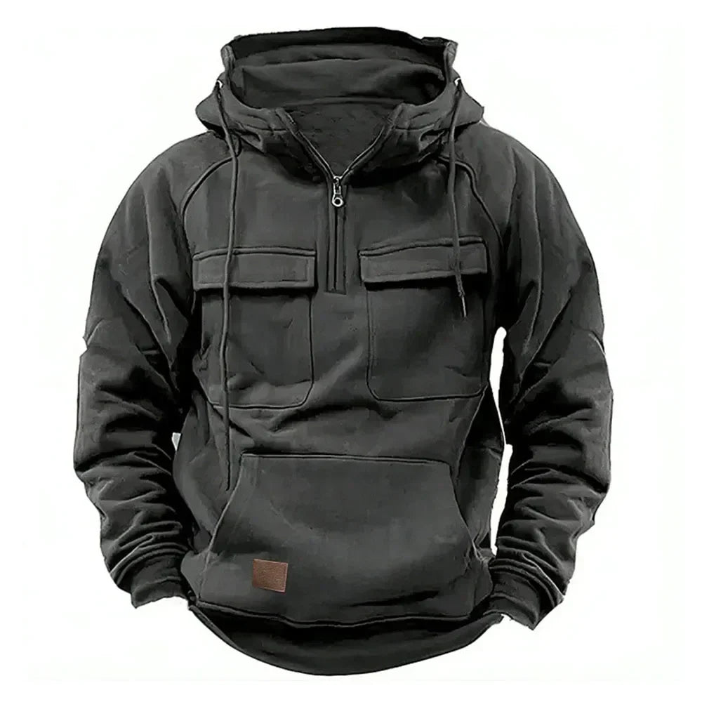 maoxiangshop Half Zipper Men's Hoodies Solid Warm Fleece Sweatshirts Multi Pockets Male Hooded Jackets Thick Outdoor Polar