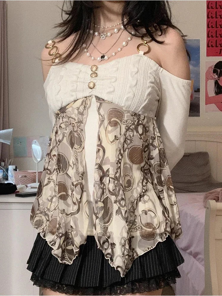 maoxiangshop Top Y2K Lolita Tops Off Shoulder Cyber Lace Top Exposure Simple Clothes 2024 Off White Women Gyaru Long Sleeve Clothes for Women