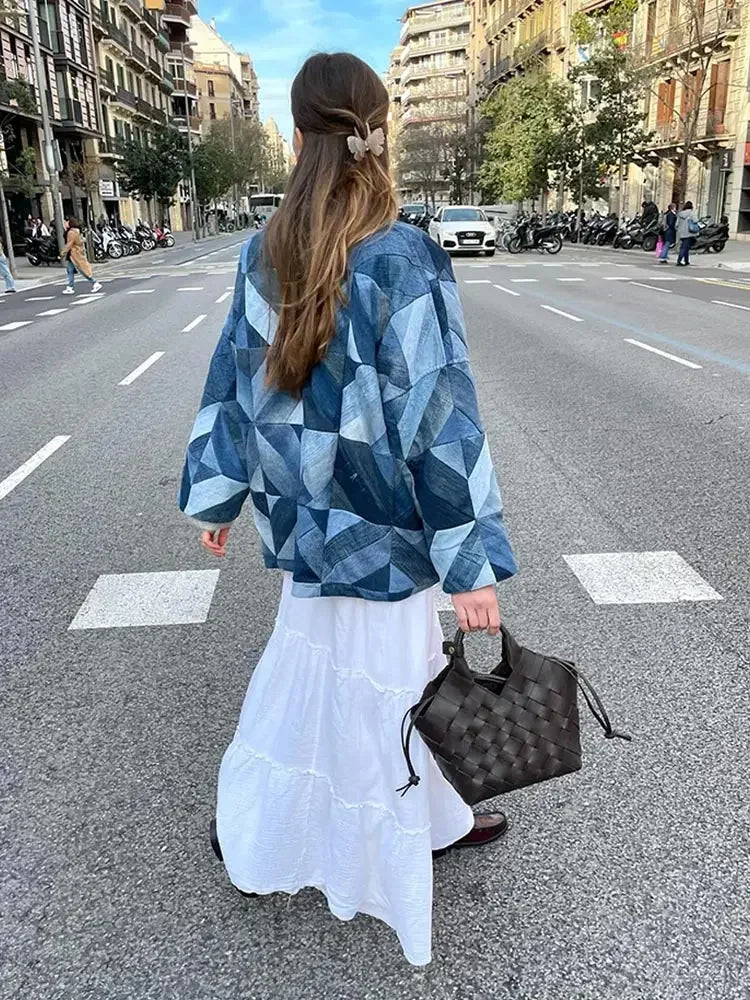 maoxiangshop - Chic Women Denim Patchwork Loose Cardigan Casual V Neck Long Sleeve Pocket Coat Autumn Lady Commuting Jacket High Street Outwear