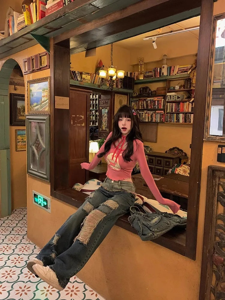 maoxiangshop - 2024 New Hole Jeans Women High Waist American Style Street Retro Chic All-match Summer Gothic Loose Contrast Color Y2k Trouser