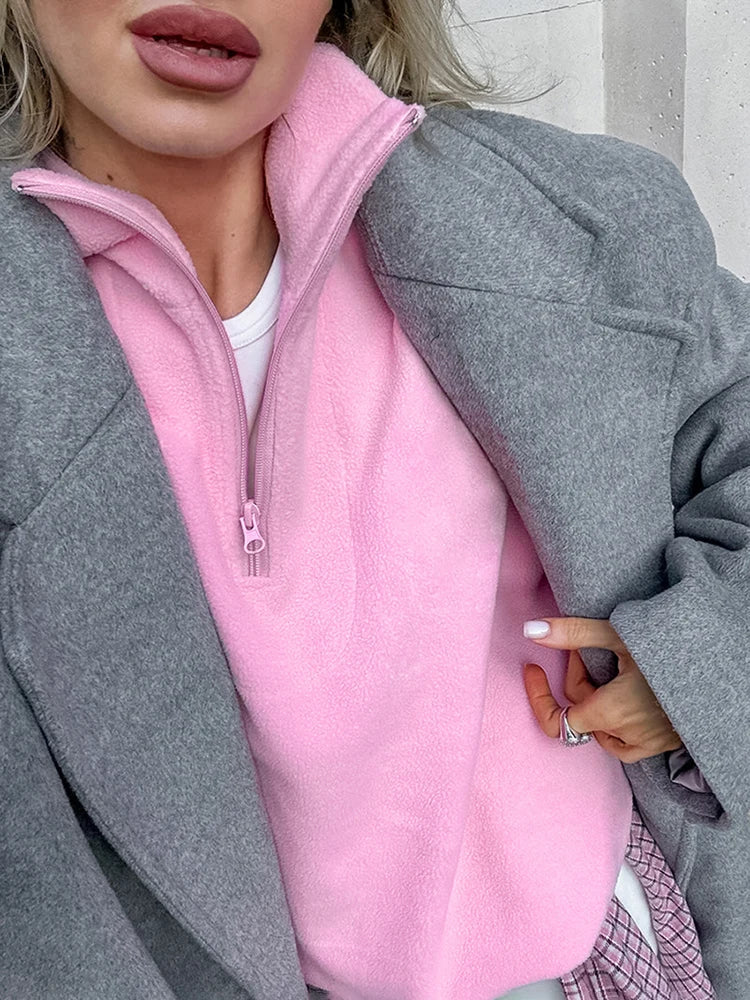 maoxiangshop - Fashion Women's Sports Sweatshirts Velvet 2024 Autumn Winter New Niche Solid Loose Casual Outer Top Long Sleeve Pullover