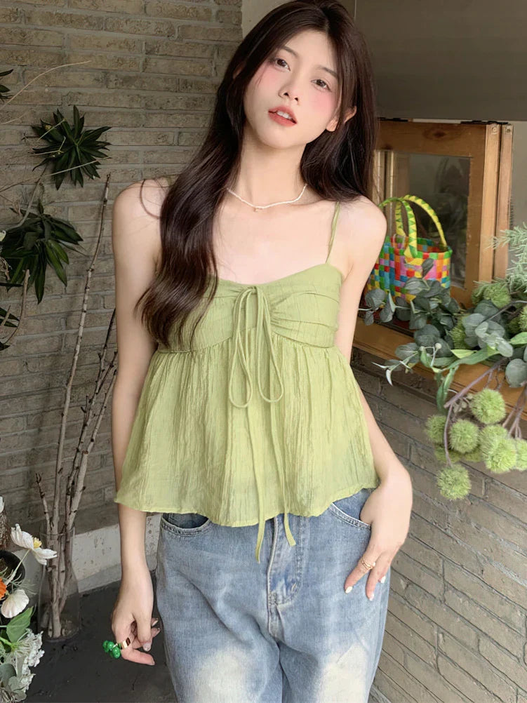 maoxiangshop-Korean Sweet Cami Top Bowknot Lace-Up Sleeveless T-Shirt Elegant Youth Clothes Women Fashion Off Shoulder