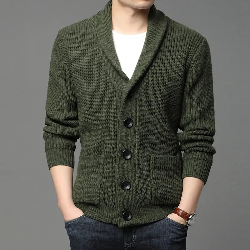 maoxiangshop High Quality Autumn Winter Cardigan Men Thick Knitted Solid Sweater Jakcet Fashion Turn Down Collar Single Breasted Cardigan Men