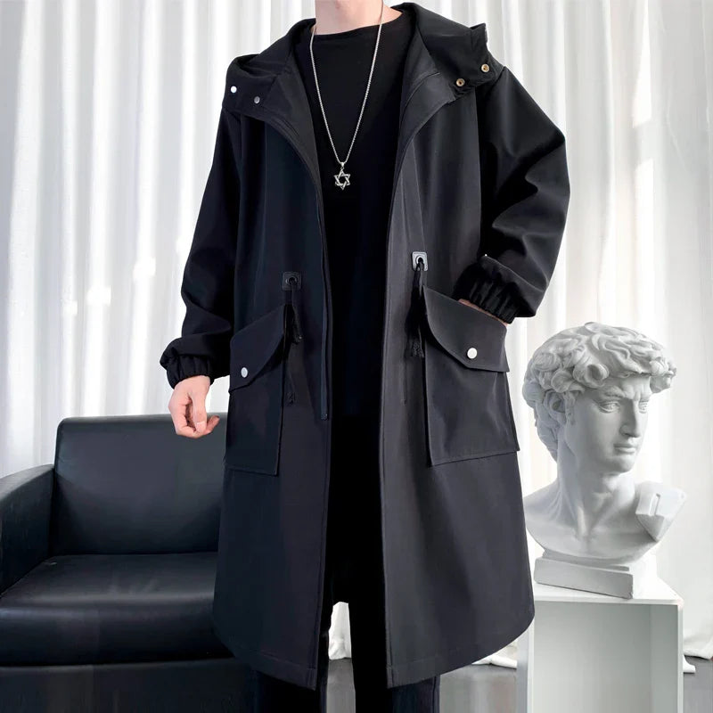 maoxiangshop Long Trench Coat Jacket Men Autumn Spring Black Hip Hop Japanese Coats Streetwear Male Hooded Army Green Casual Jackets