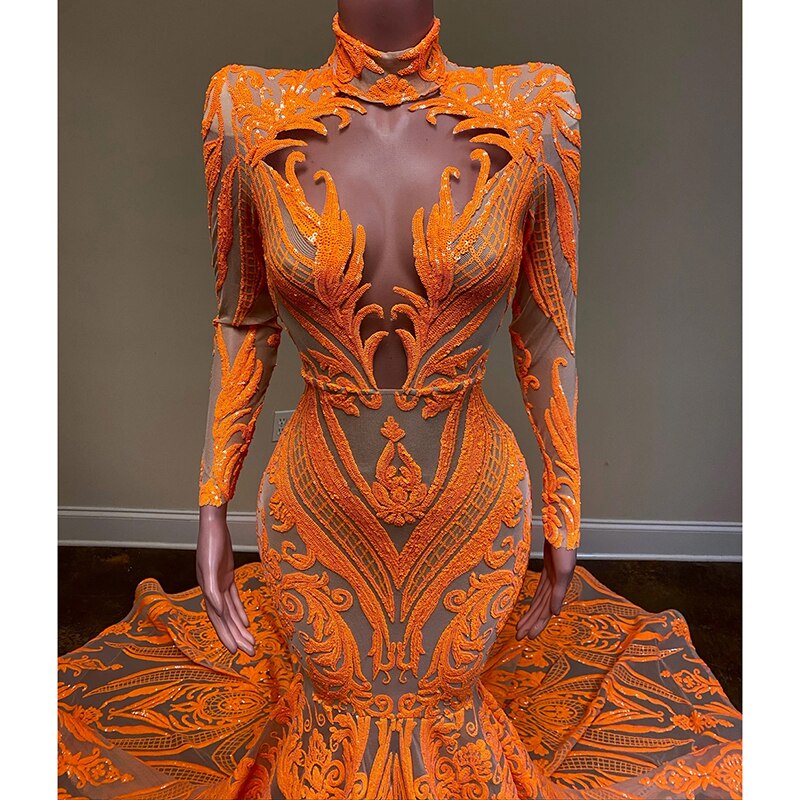 maoxiangshop Orange Mermaid Evening Gowns Party Dress For Womens Blingbling Applique Long Sleeves Occasion Gown Robe De Soir¨¦e
