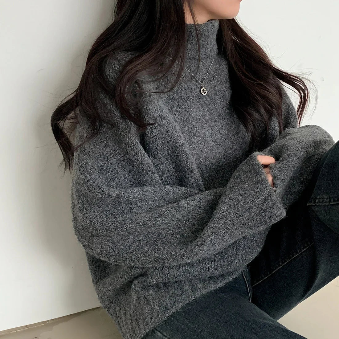 maoxiangshop - Elegant Sweaters Soft Loose Women Chic Knitted Winter 2025 Casual All Match Pullovers Warm Daily Turtleneck