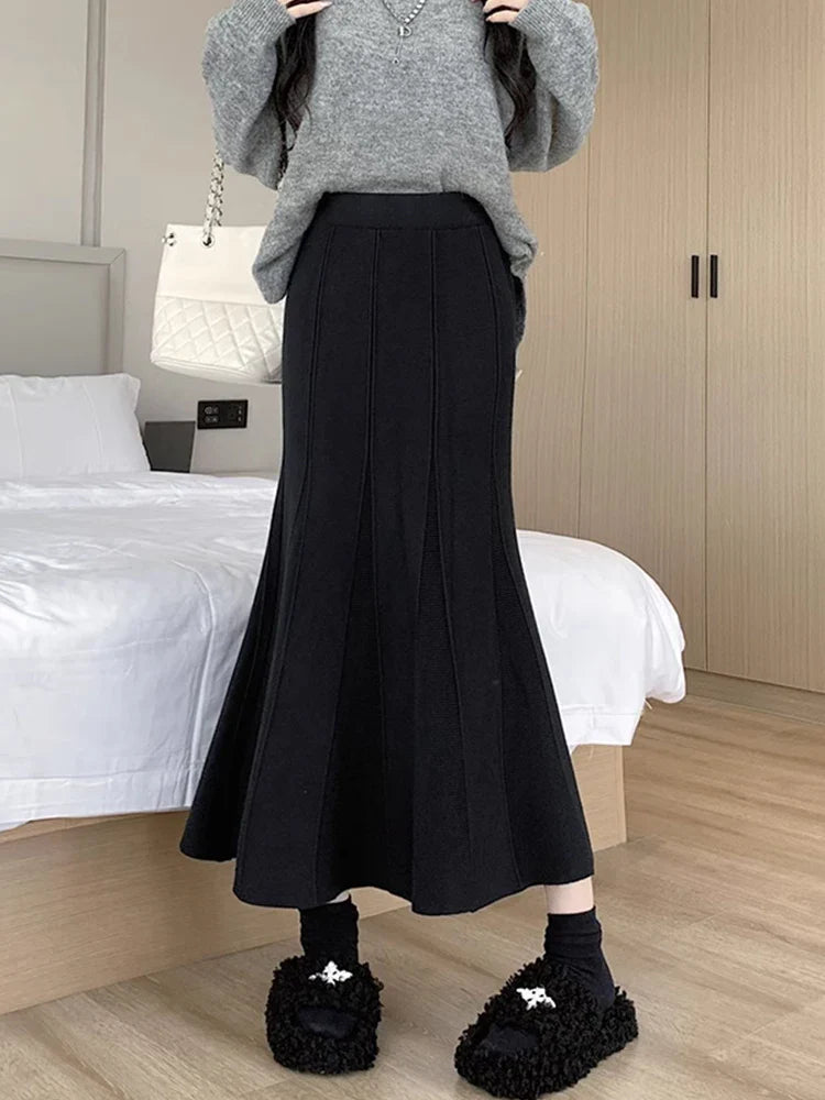 maoxiangshop Knitted Long Skirt for Women Fashion Korean Autumn Winter Ankle-Length Casual Slim Midi Skirt Solid Elegant Women's Skirts