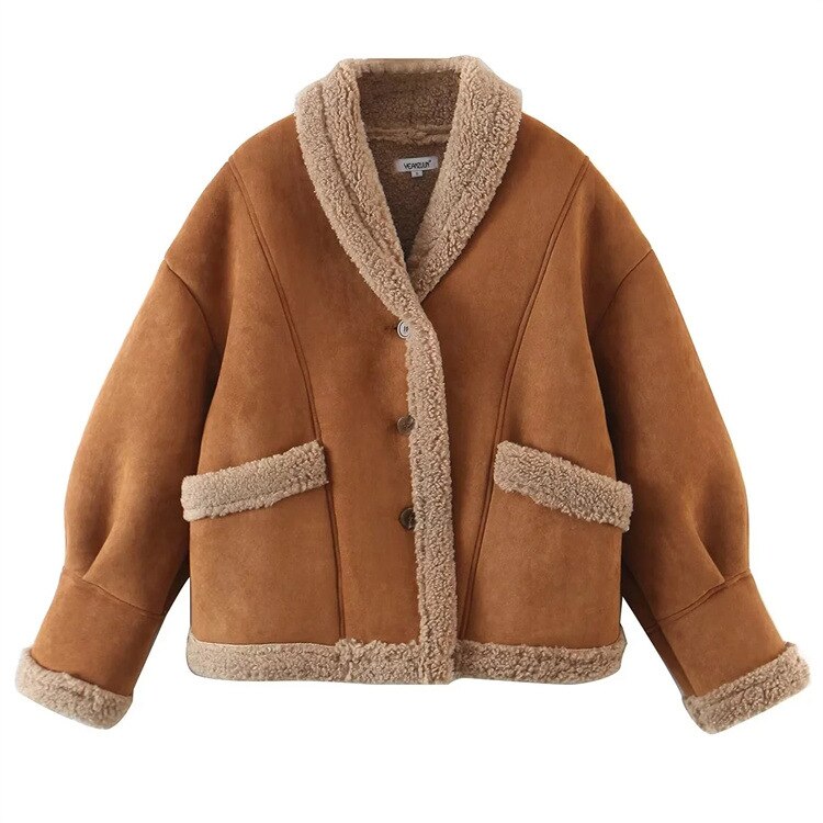Vintage Single-breasted Faux Lamb Wool Jackets Women Autumn Winter Retro Casual Contrast Color Loose Suede Jacket Streetwea