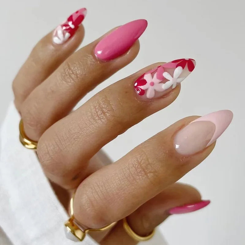 maoxiangshop 24Pcs Blue Flower False Nails Almond Cute Heart with French Design Detachable Fake Nails Artificial Press on Nails Tips Art