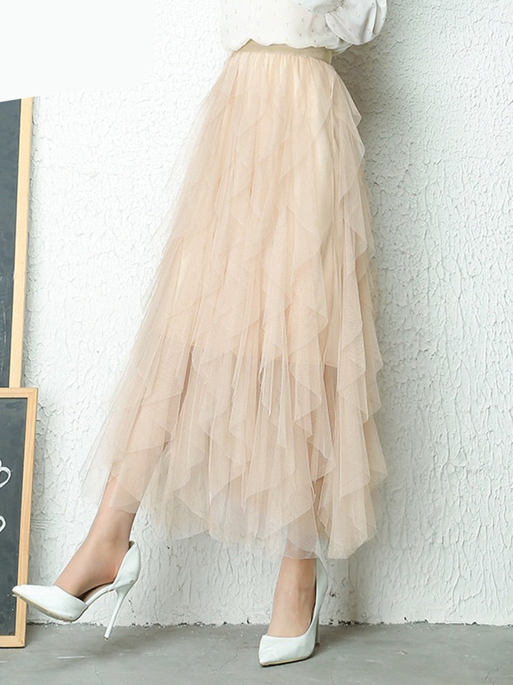 maoxiangshop Fashion Tutu Tulle Skirt Women Long Maxi Skirt Spring Summer Korean Black Pink High Waist Pleated Skirt Female