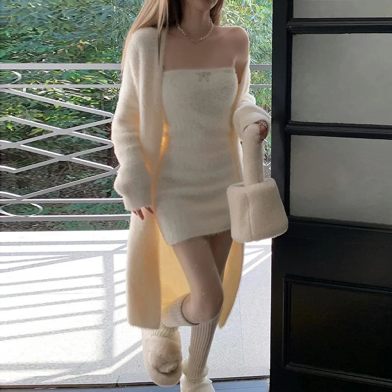 maoxiangshop Korean two piece dress elegant Knitted suit jacket mini dress for women luxury Sexy 2 piece sets white Cardigan two piece set