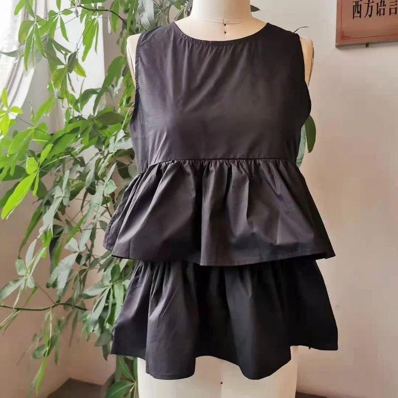 maoxiangshop - New Fashion Black Sleeveless Women's Summer Kawaii Round Neck T-shirt Top with Ruffled Cute Korean Women's Vest Top Loose