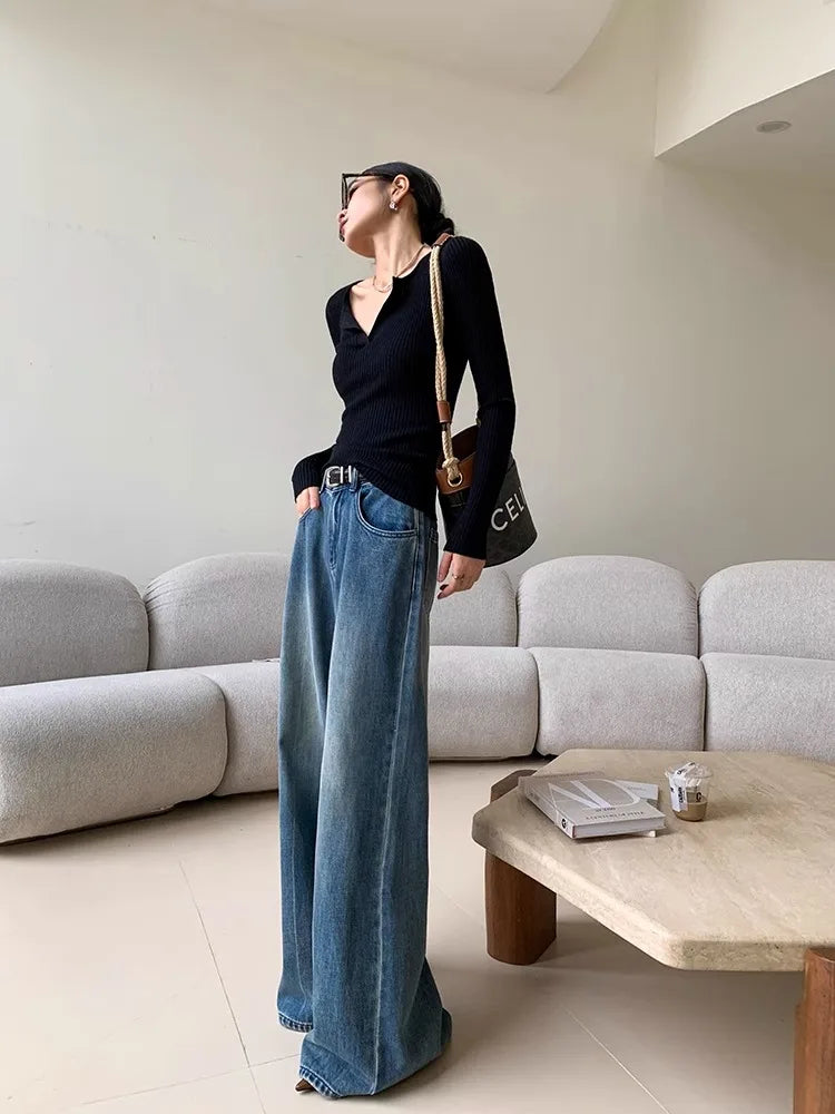 maoxiangshop - Blue Washed Casual Jeans Women'S Autumn And Winter New Straight Leg Loose Wide Leg Pants Long Pants
