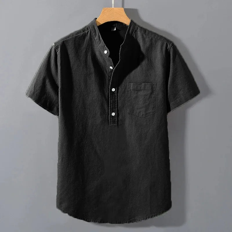 maoxiangshop New Mens Short Sleeve T Shirts Solid Color Stand Up Collar Shirt Summer Trendy Breathable Loose Youth Basic Cotton Pocket Top