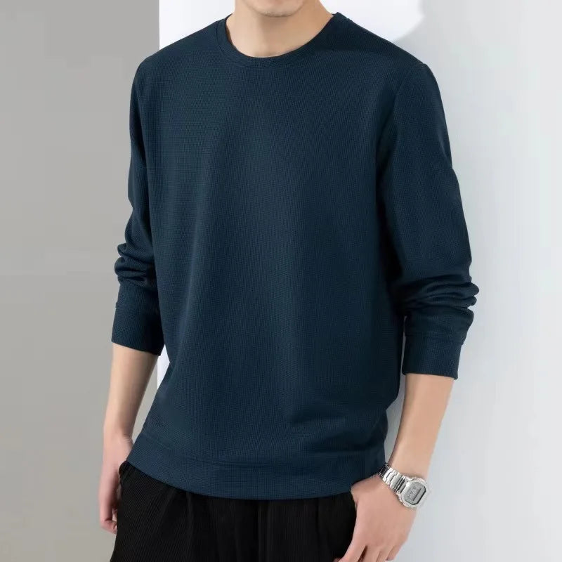 maoxiangshop Autumn Hoodies Men New Fashion Casual Slim Fit Waffle Round Neck Sweatshirts Men's Fashion Long Sleeve Undershirts