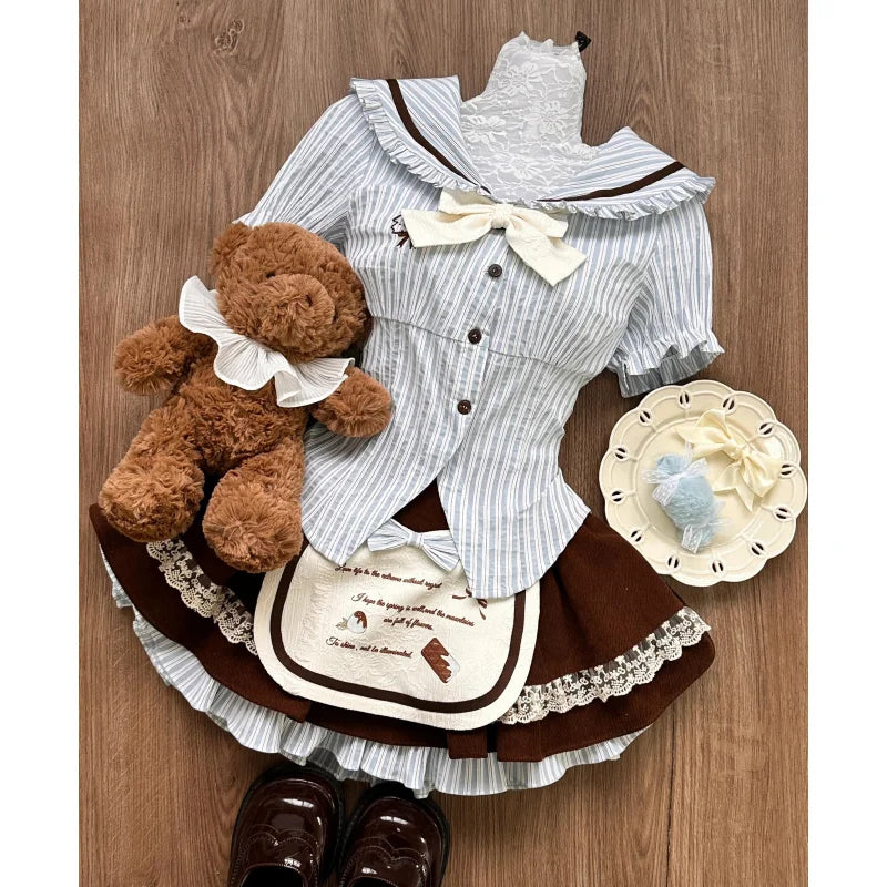 maoxiangshop - Girl Lotus Leaf Lolita Girls Splicing Cute Color Contrasting Shirt Hollow High Waist Lace Bubble Puff Cake Skirt Set 3-Piece Set