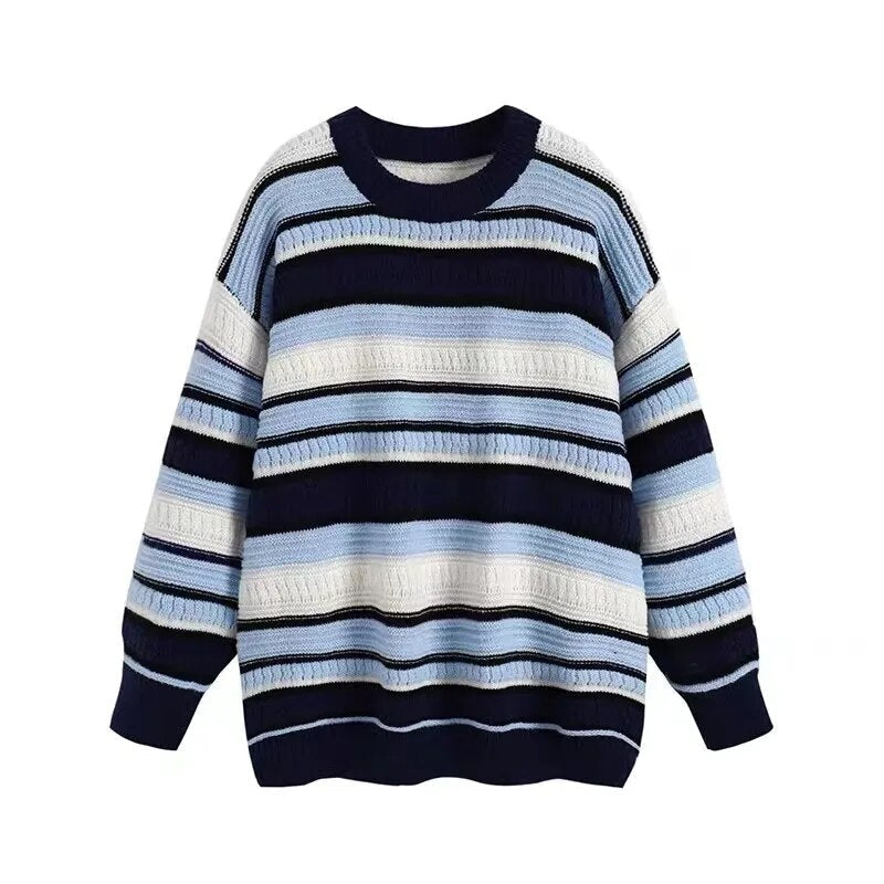 maoxiangshop Contrast Striped Pullover Women's Oversized Chunky Long Sleeve Crew Neck Sweater Knit Jumper Autumn Winter Grunge Fashion